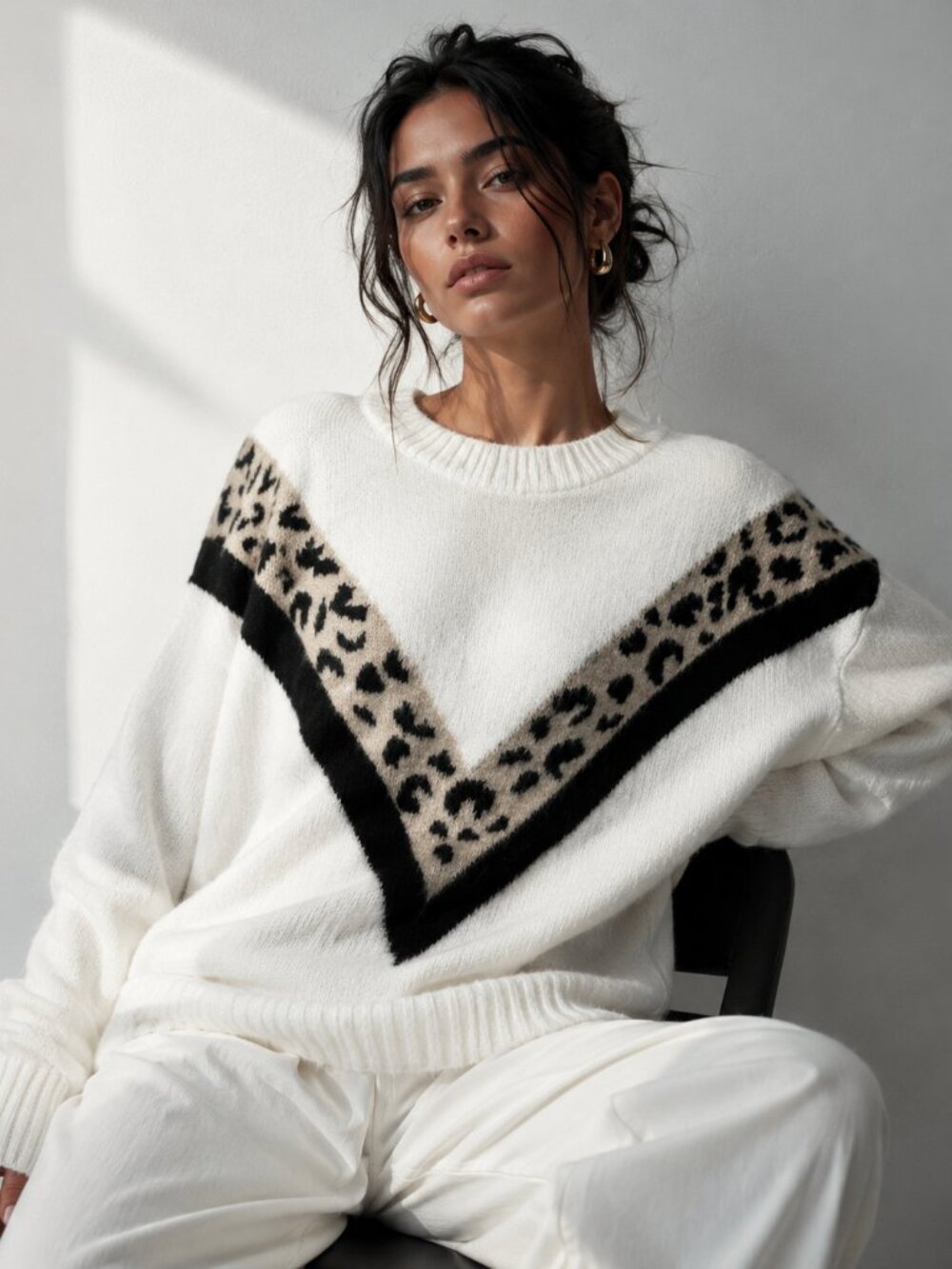 Staccato Leopard Chevron Knit Sweater White Long Sleeve Women's Large